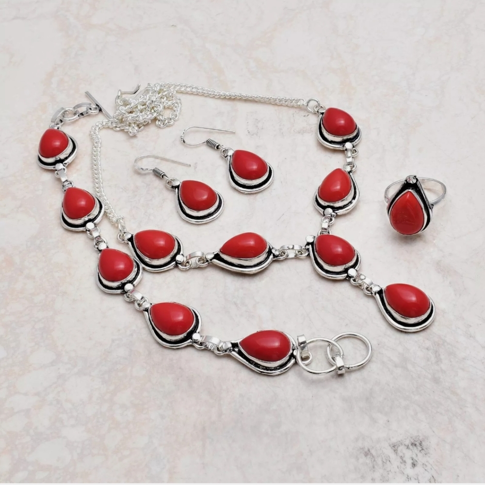 New size 6 coral sterling silver necklace set